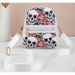 Skulls with pink floral rose design crossbody bag‎ vegan leather material purse